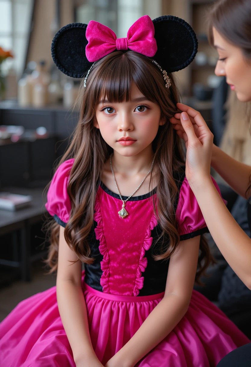 Niño con vestido rosa recibiendo maquillaje de una mujer