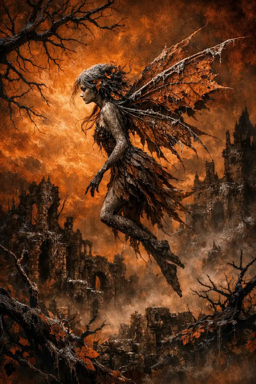 Withered fairy in profile above misty crumbling ruins