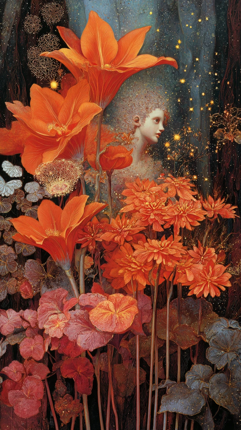 Surreales Walwesen sammelt Sterne zwischen leuchtenden Blumen