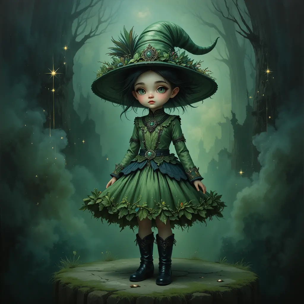 Fille gnome en vert et noir devant un brouillard scintillant