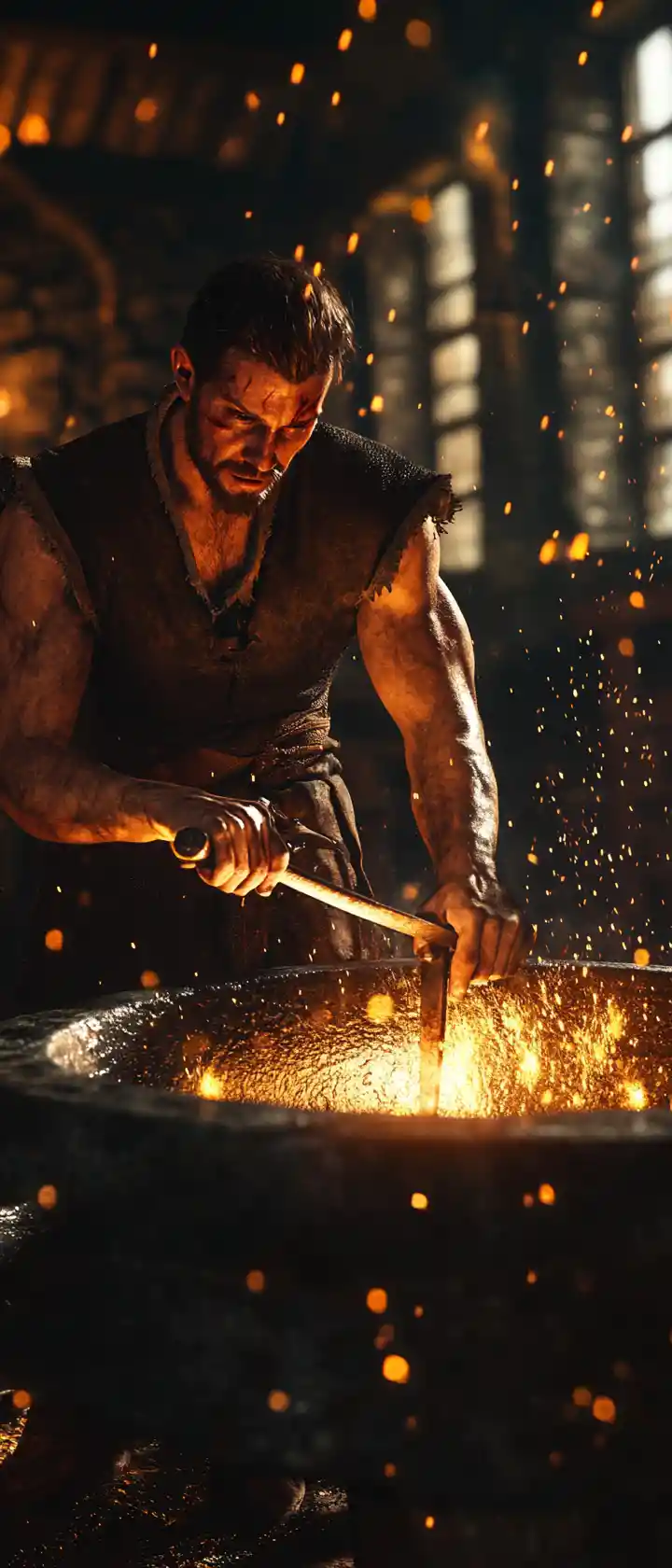 Blacksmith hammering a glowing blade in a medieval forge