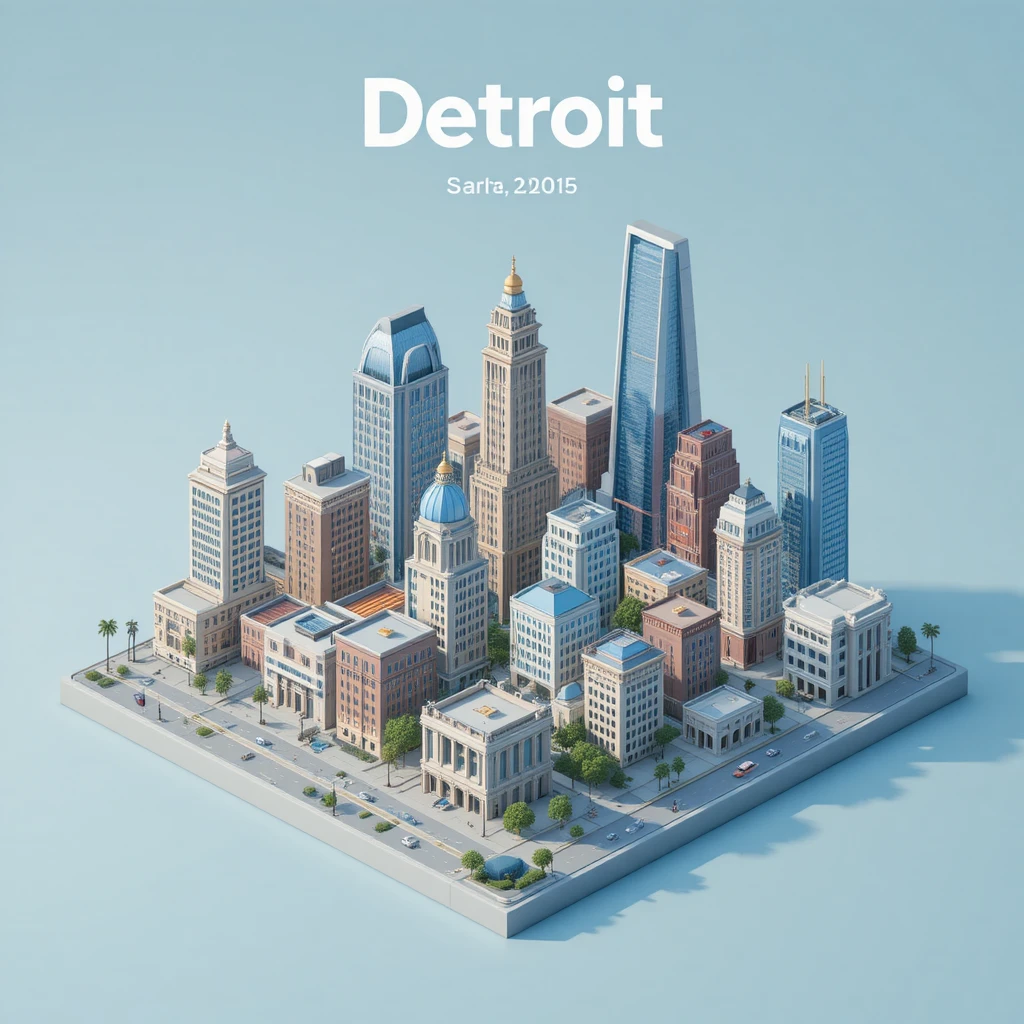 Isometric Detroit city skyline with weather and title text