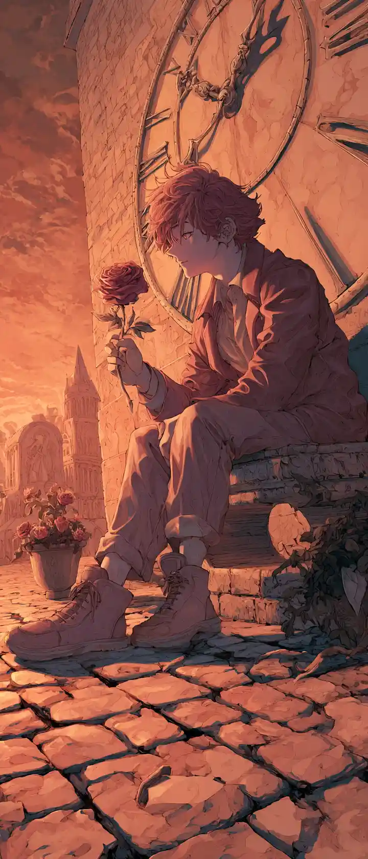 Uomo anime con maschera di orologio che si scioglie che tiene una rosa che svanisce