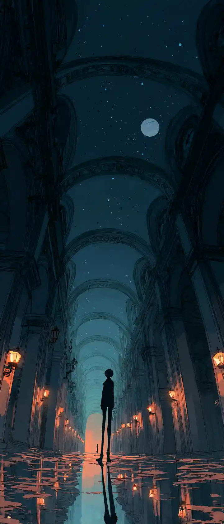 Anime-Junge in leerer klassischer Spielhalle um Mitternacht