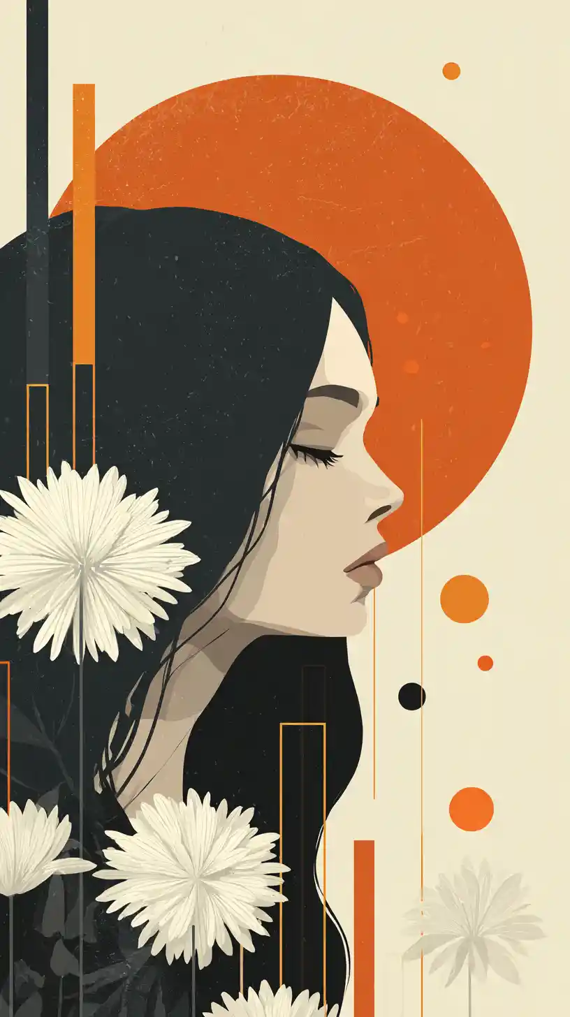 Serene woman with flowers and moon in abstract portrait