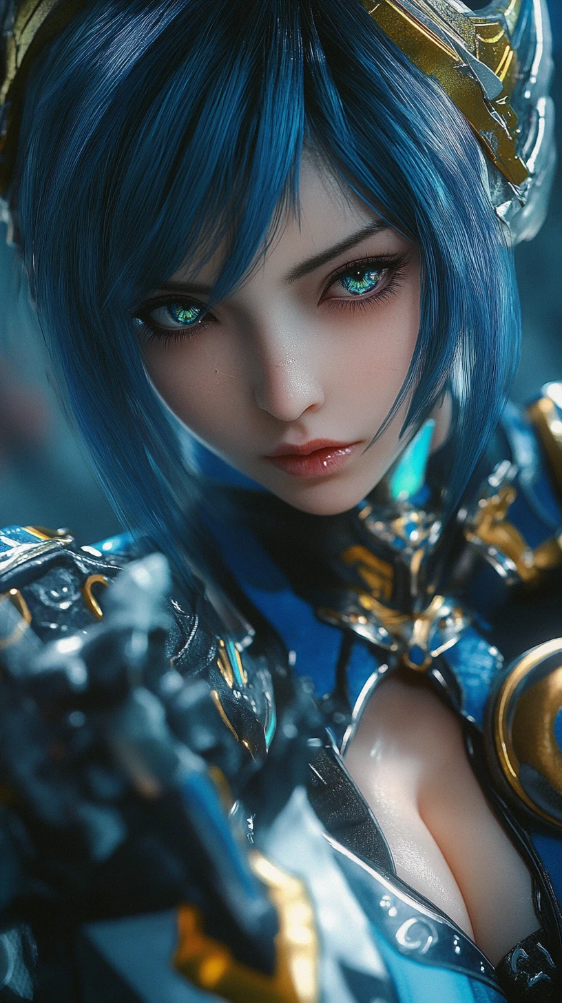 Guerrera de anime con cicatrices, tatuajes y armadura azul