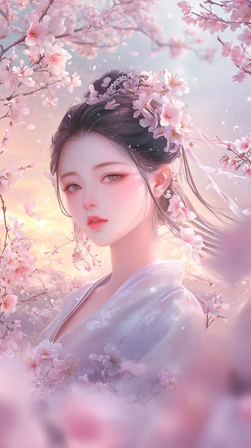 Elegant chibi woman in a serene floral fantasy garden