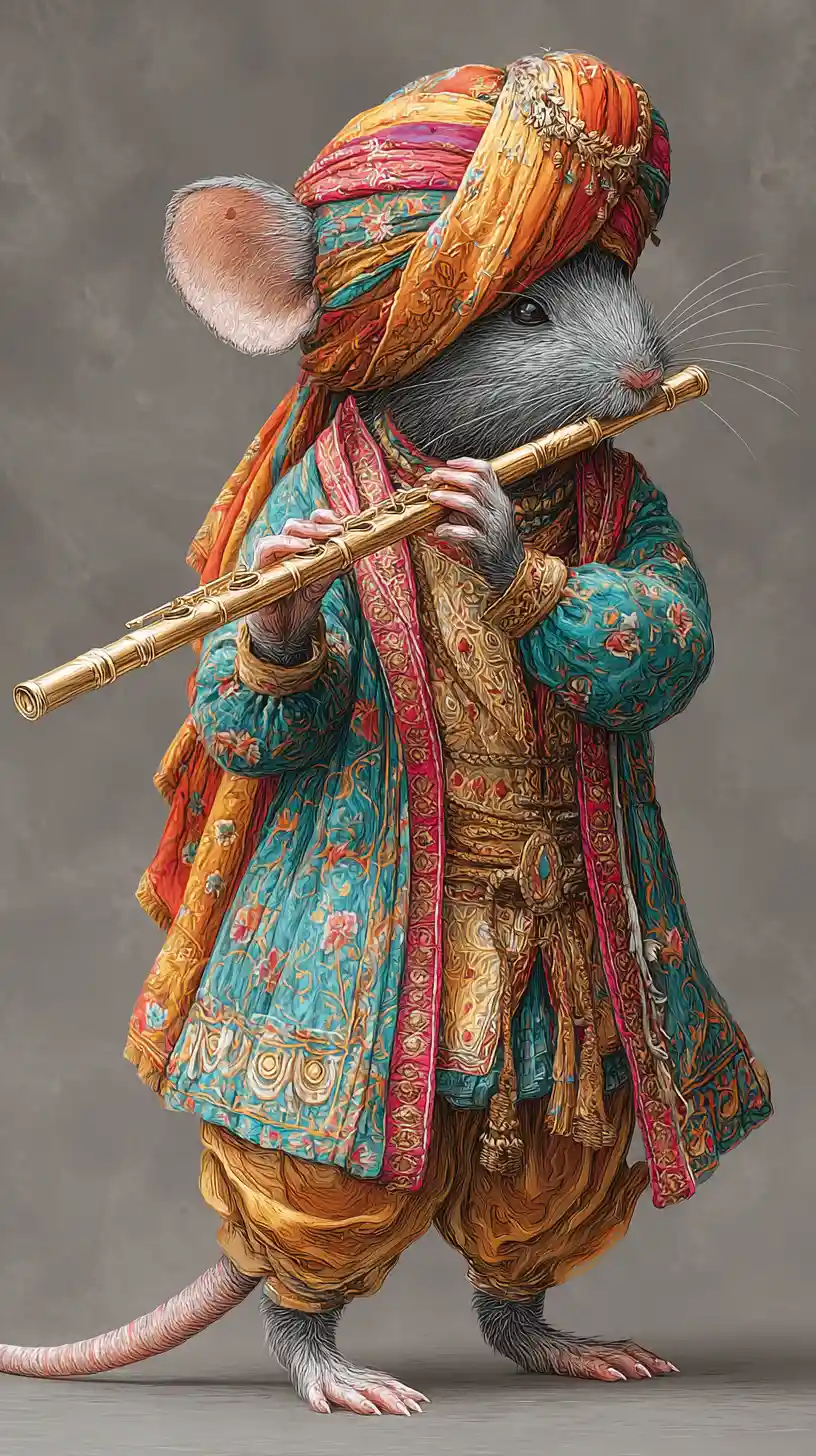 Little grey mouse in colorful turban playing golden flute
