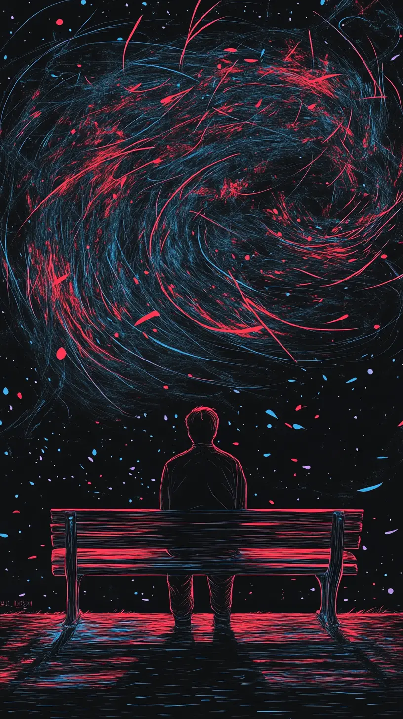 Man Sitting On Park Bench As Glowing Lines In Void