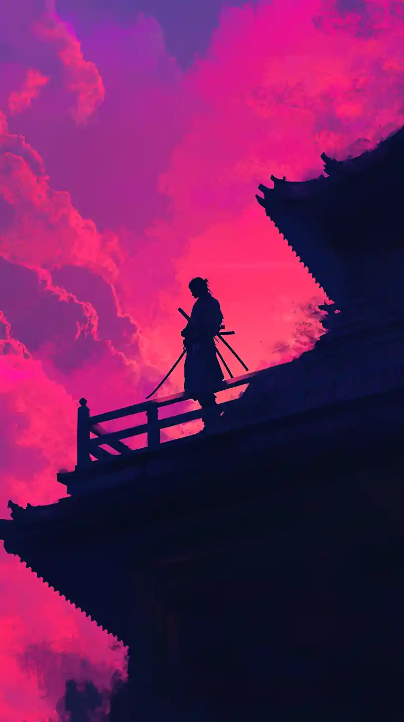 Lone samurai on a balcony at colorful sunset
