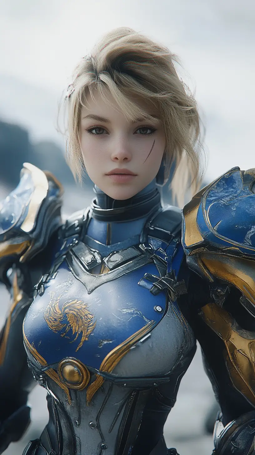 Blonde sci fi warrior woman in blue and gold armor