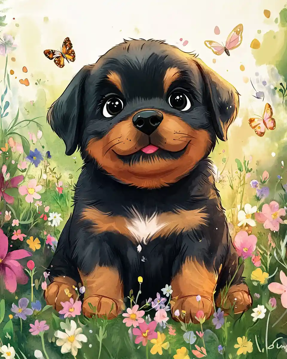 Filhote de rottweiler gordinho em um prado florido ensolarado