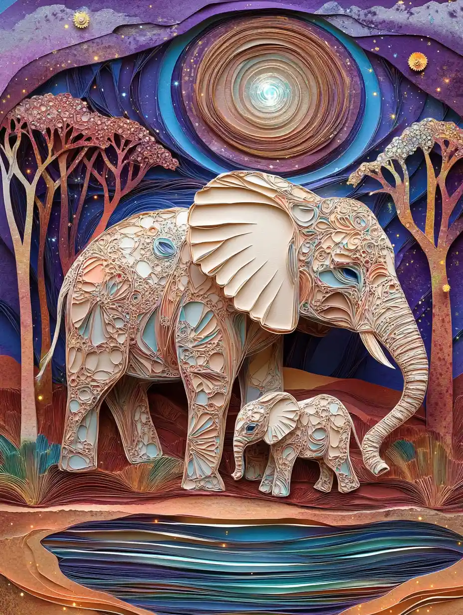 Mother Elephant Sheltering Newborn Calf In Sacred Paper Dreamscape