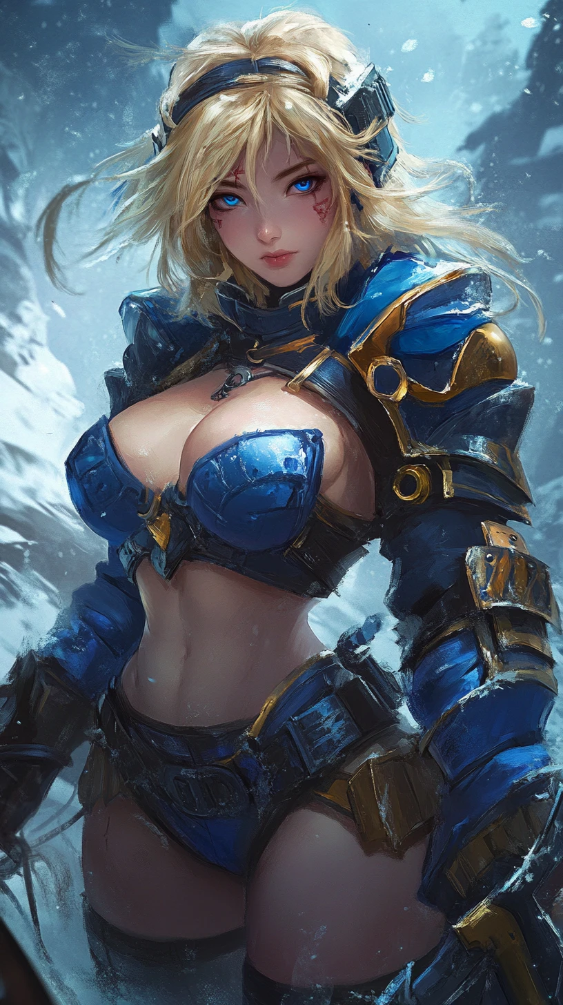 Close up of a tattooed anime warrior woman in armor