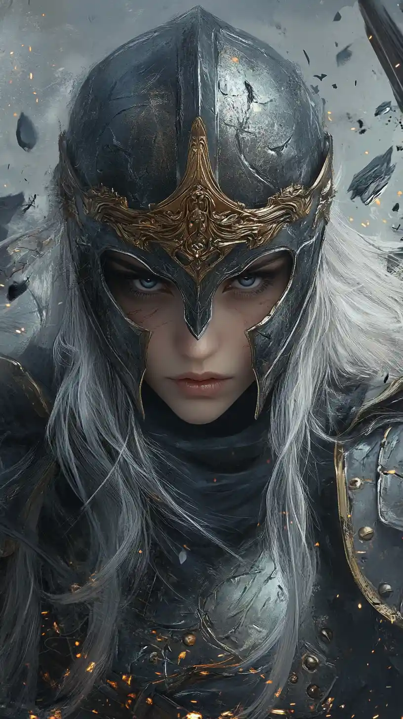 Armored female warrior with silver hair in swirling smoke