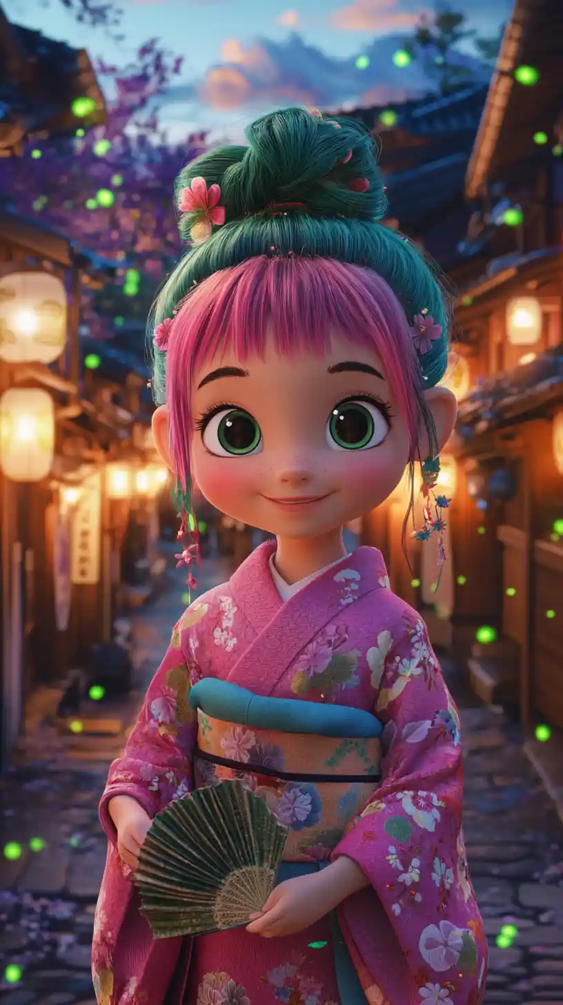 Pink haired anime girl in kimono on lantern lit street