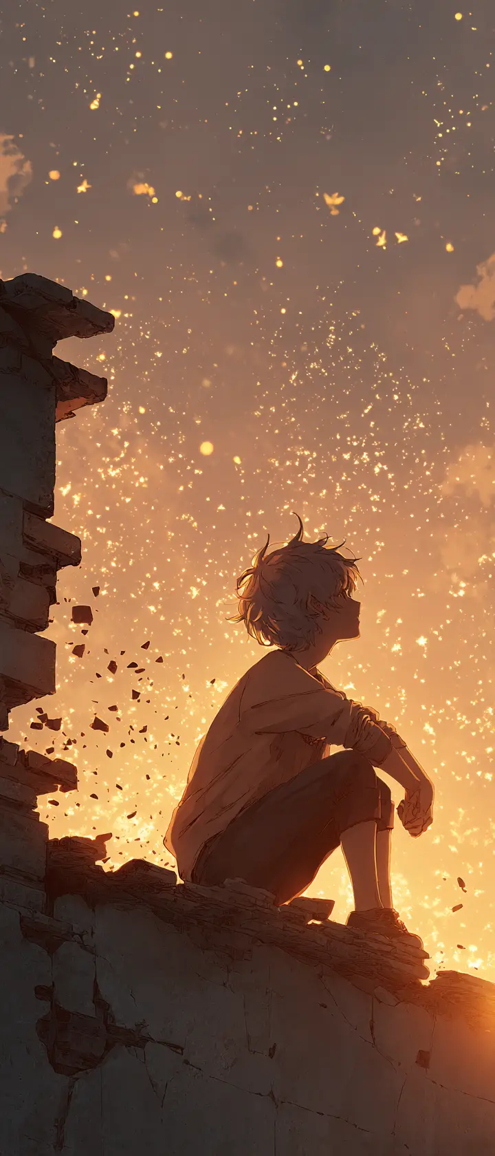 Ethereal teenage boy of light on a dawn rooftop