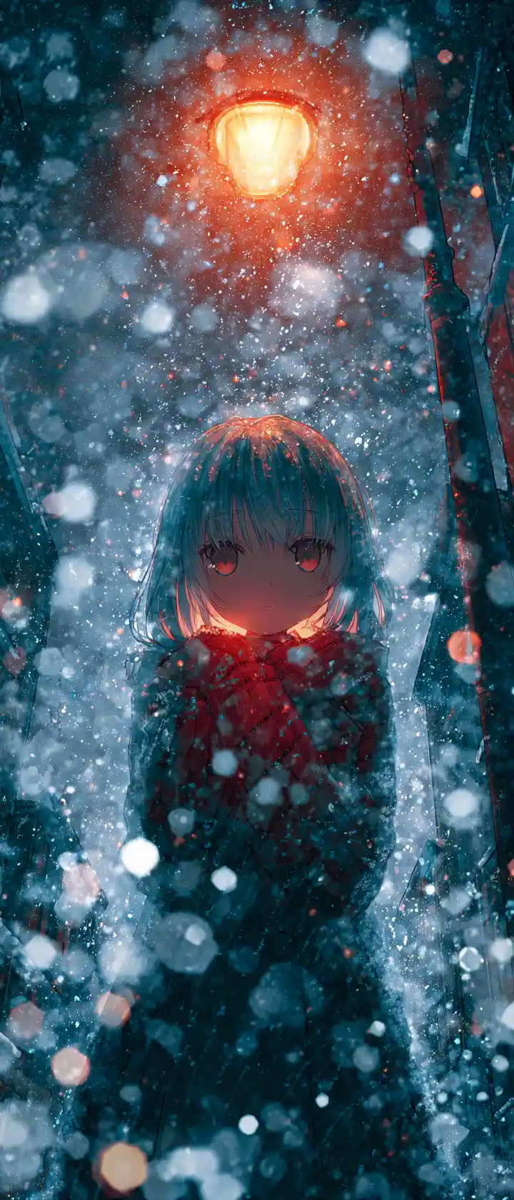 Translucent anime girl standing alone in heavy falling snow