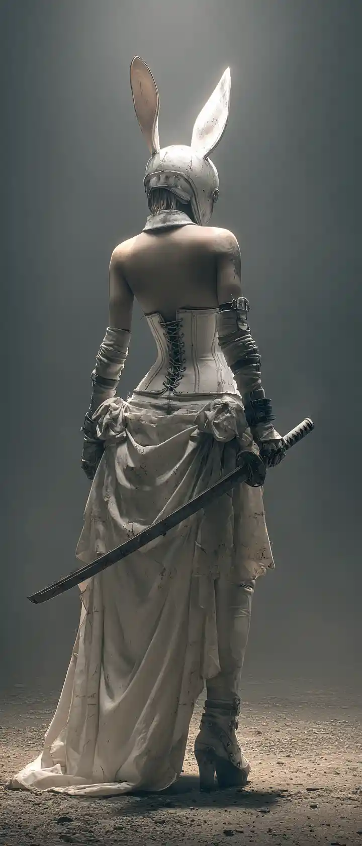 Eroina retrofuturistica in corsetto con maschera da coniglio