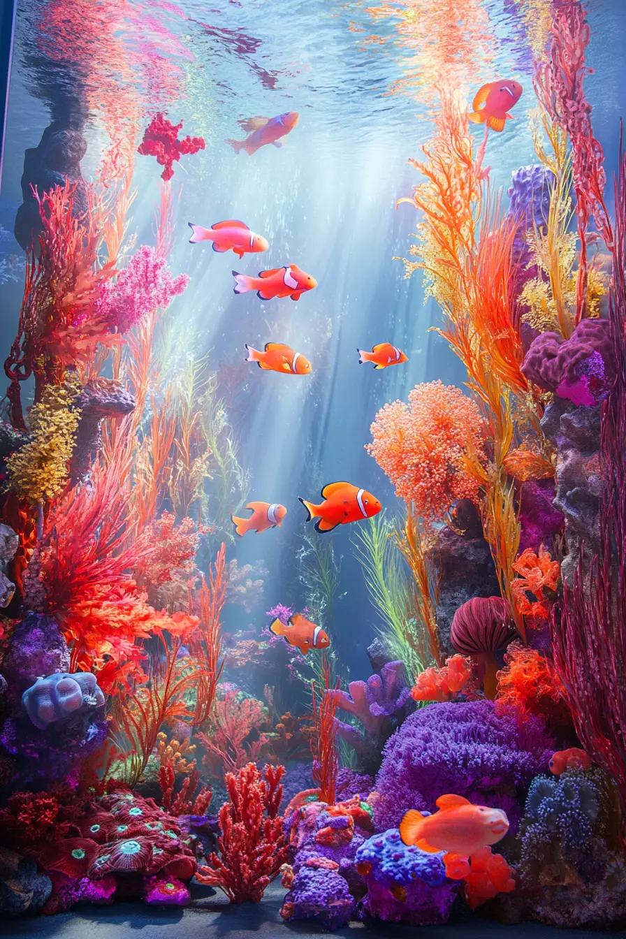 Subtropical underwater world with vibrant corals and sea turtles