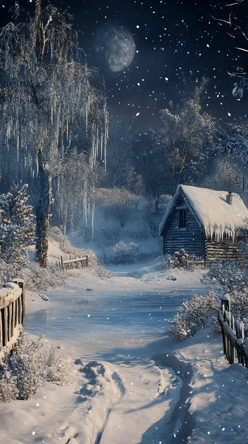 Moonlit cabin by a frozen lake in snowy Siberia