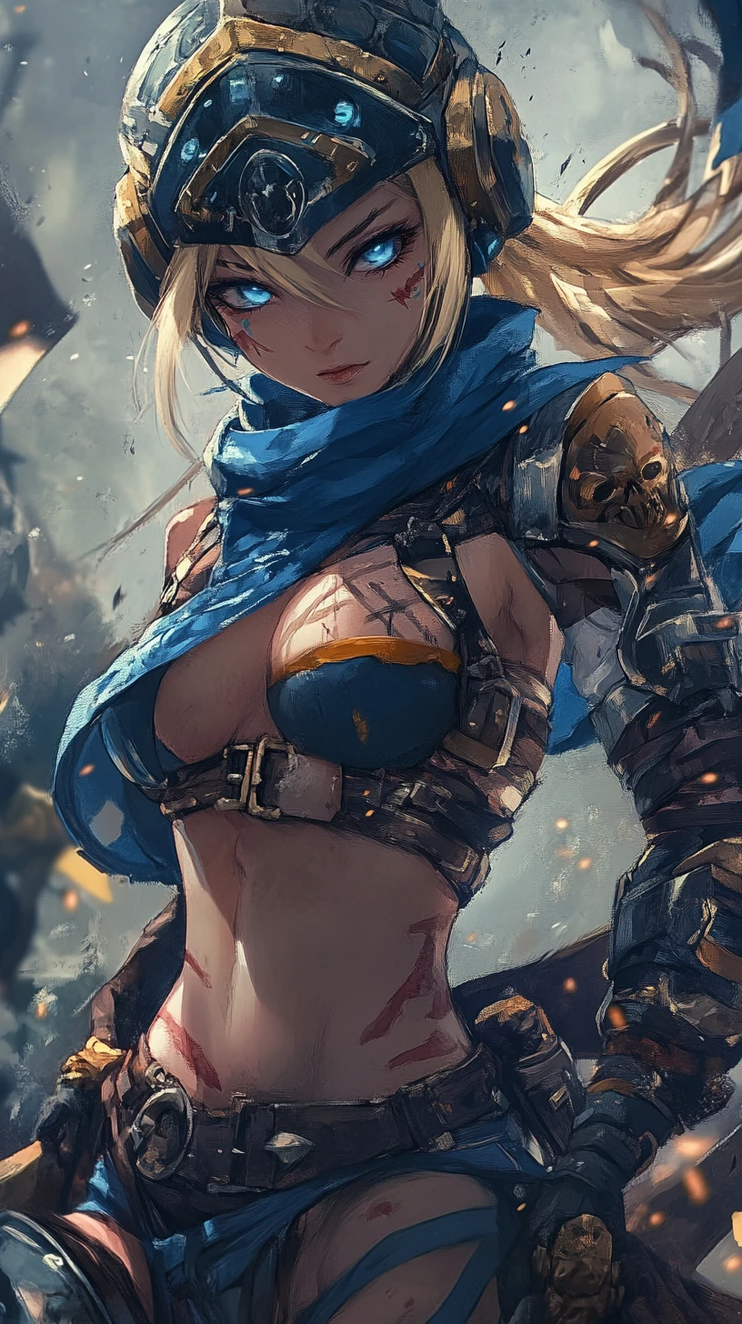 Scarred anime warrior woman with tattoos in blue armor