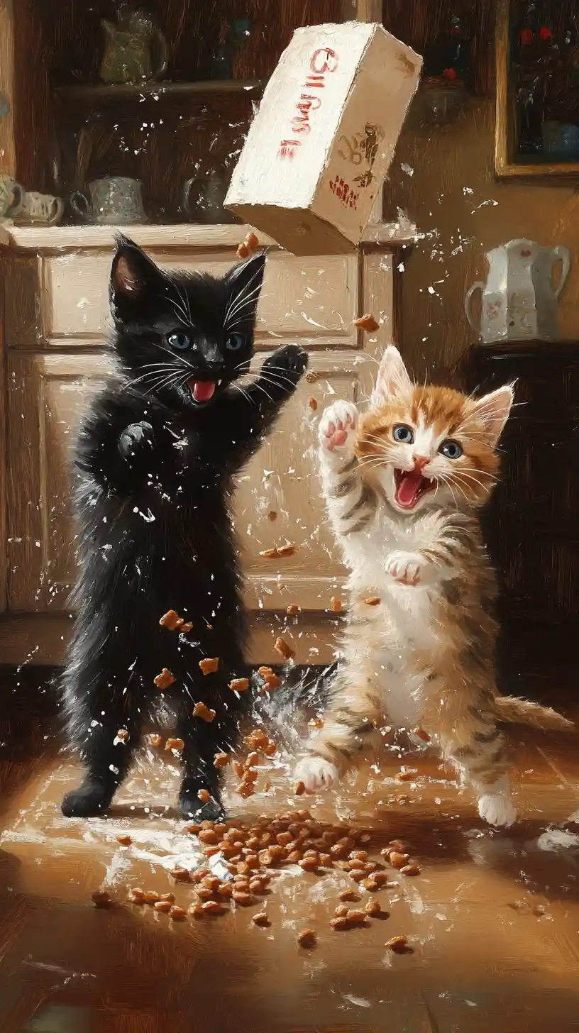 Playful Kittens Causing Chaos In A Cozy Kitchen