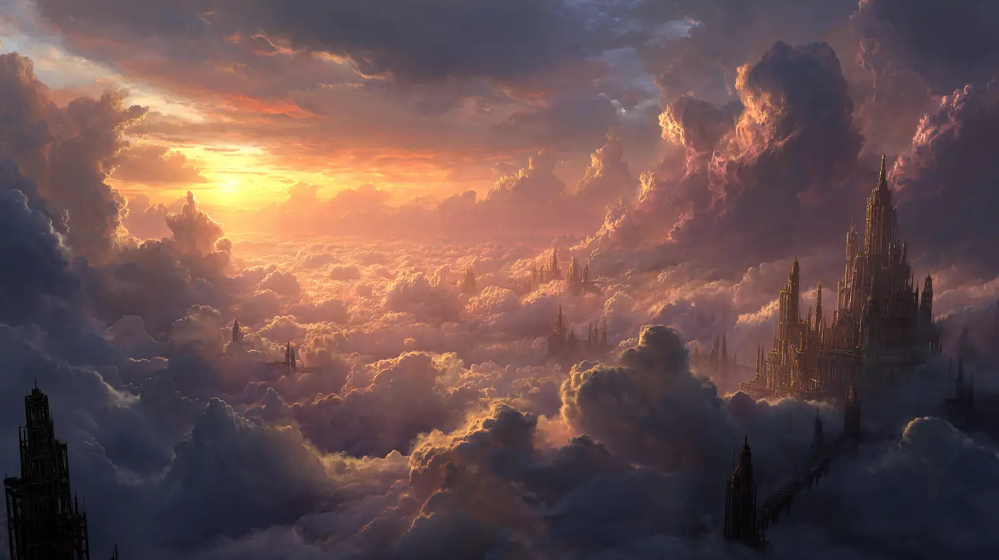 Cinematic Aerial View Of Sunlit Towers Above Clouds