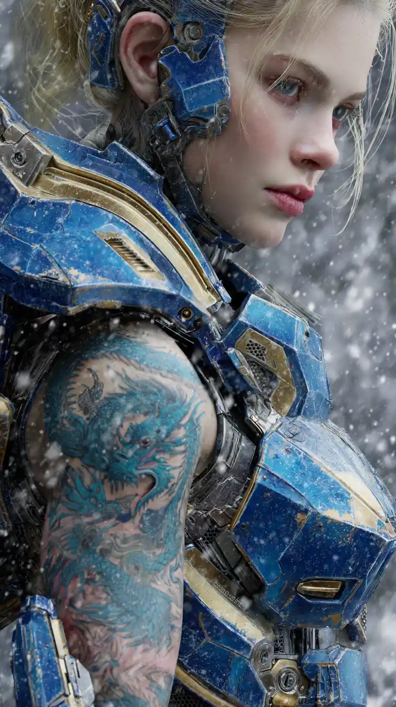 Blonde warrior woman in blue futuristic dragon armor