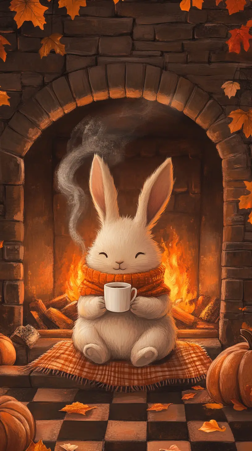 Cozy rabbit with scarf by fireplace in autumn scene