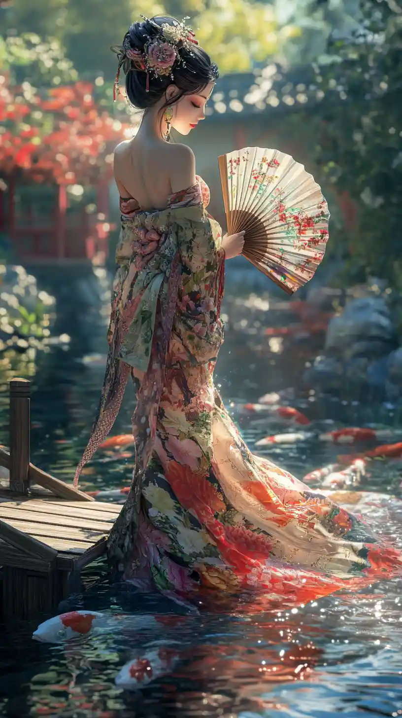 Elegant anime woman walking across a koi pond footbridge