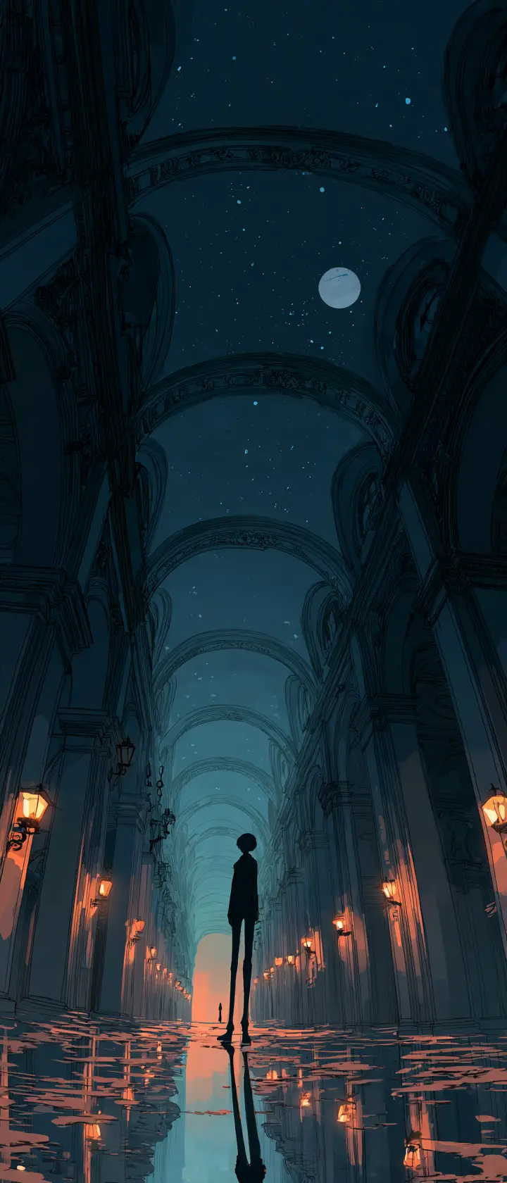 Anime boy in empty classical arcade at midnight
