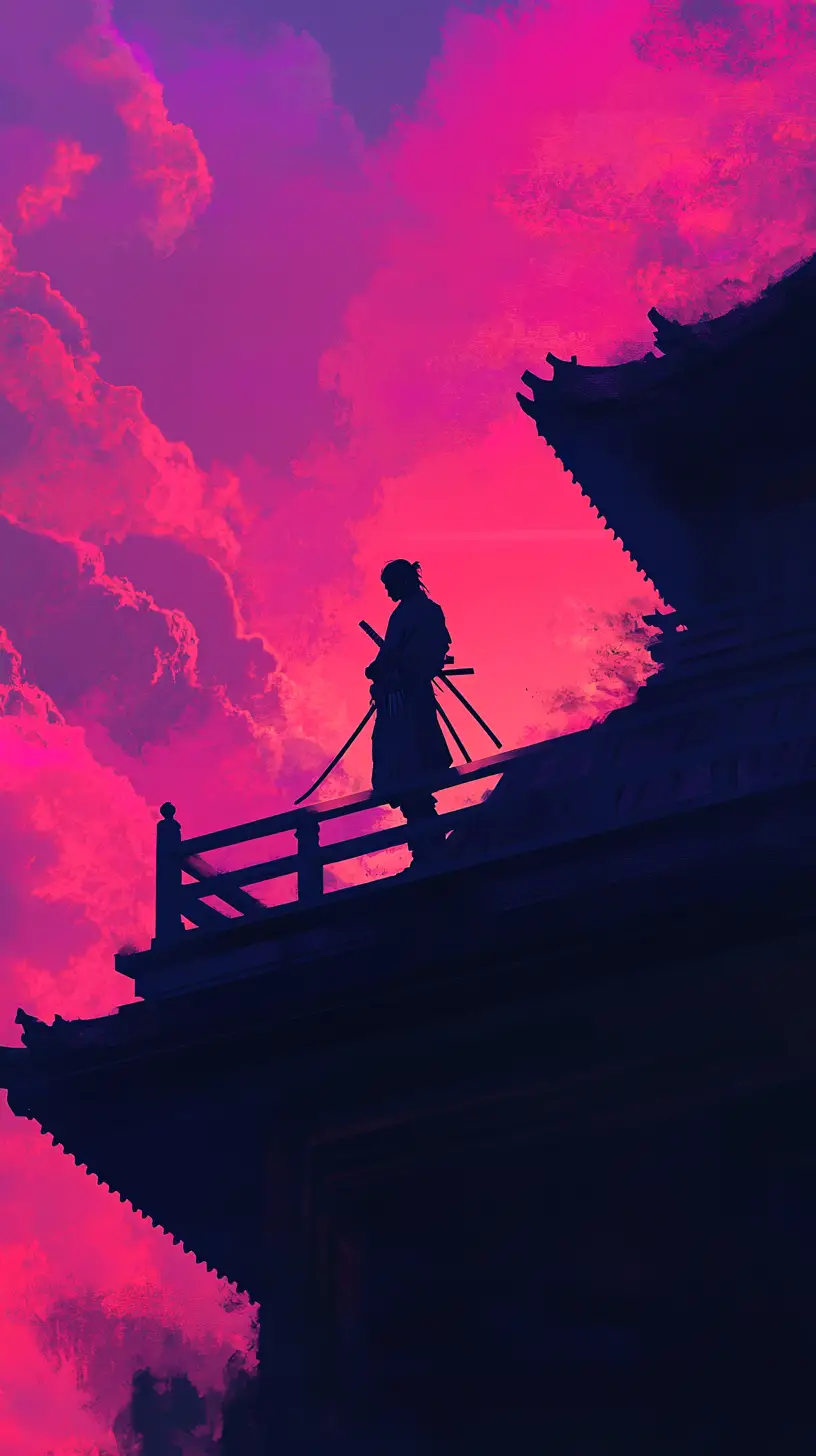 Lone samurai on a balcony at colorful sunset