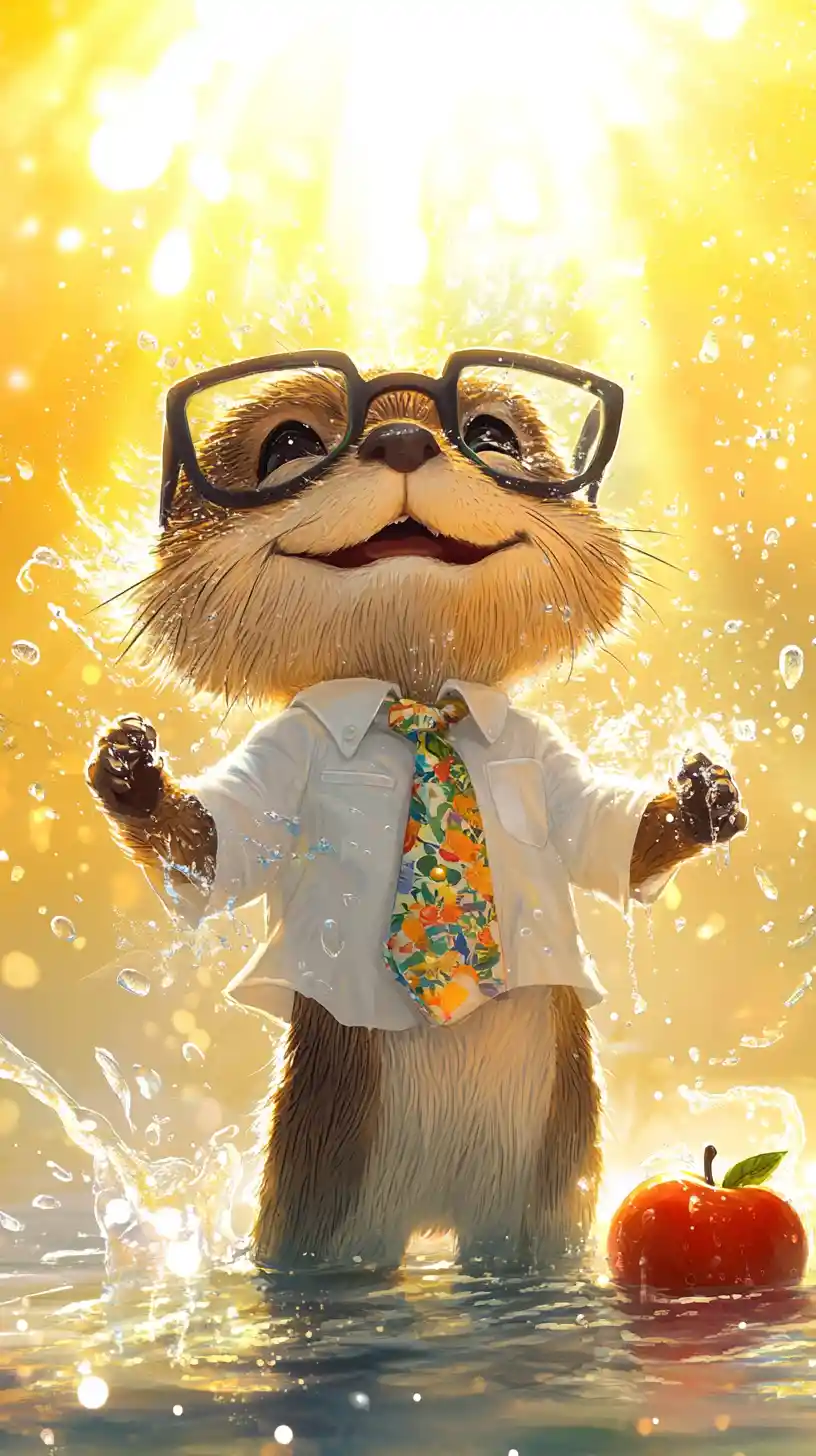 Cheerful cartoon otter in bright sunny water scene