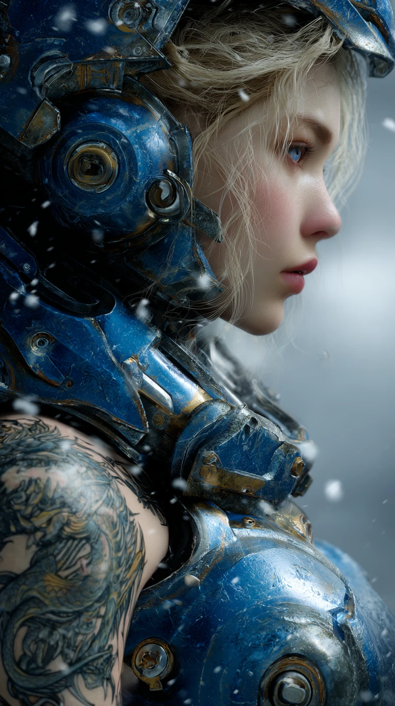 Futuristic armored woman with dragon tattoo in winter mist