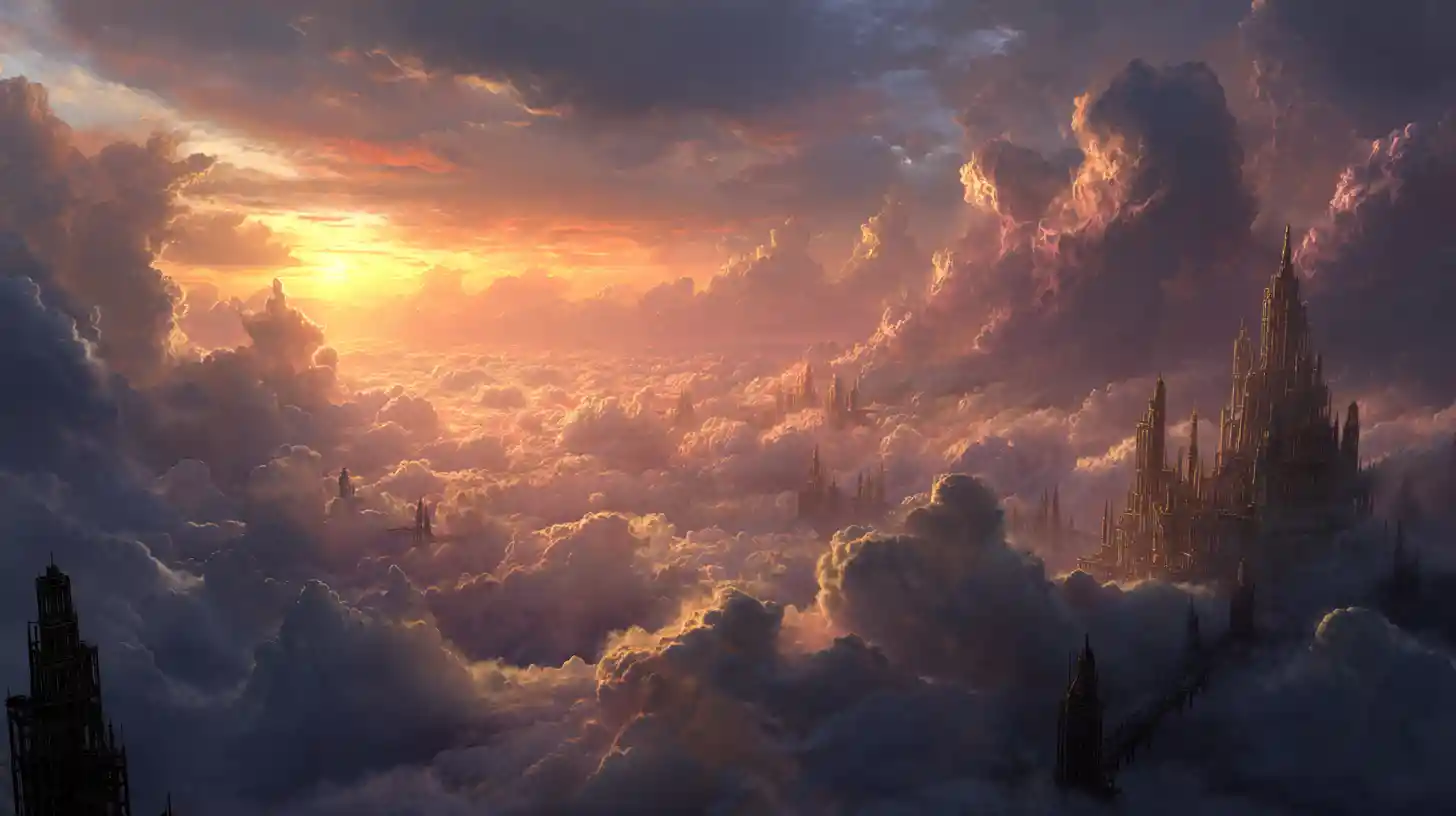 Cinematic Aerial View Of Sunlit Towers Above Clouds