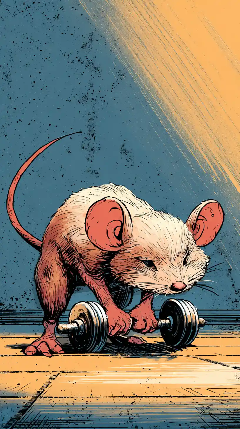 Topolino dei cartoni determinato che solleva pesi in una mini palestra