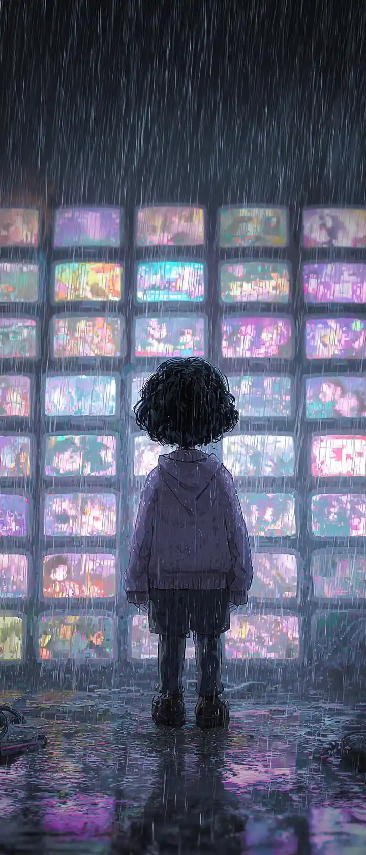 Anime child in rainlit street watching glowing tv store window