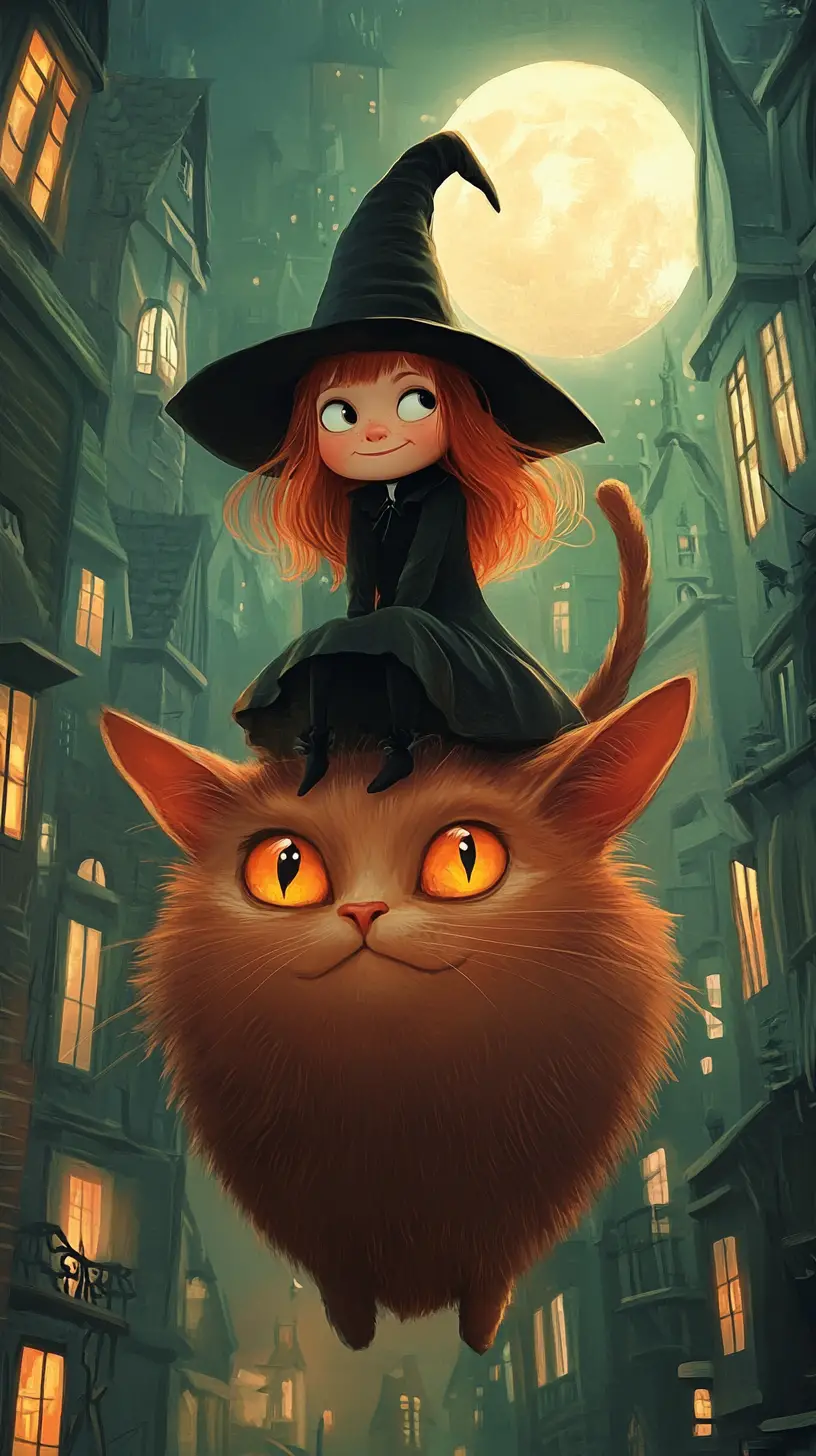 Little witch riding a fox above a gothic city