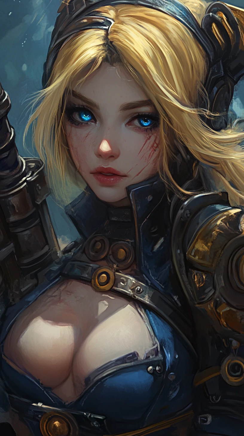 Close up of tattooed anime warrior woman in blue armor