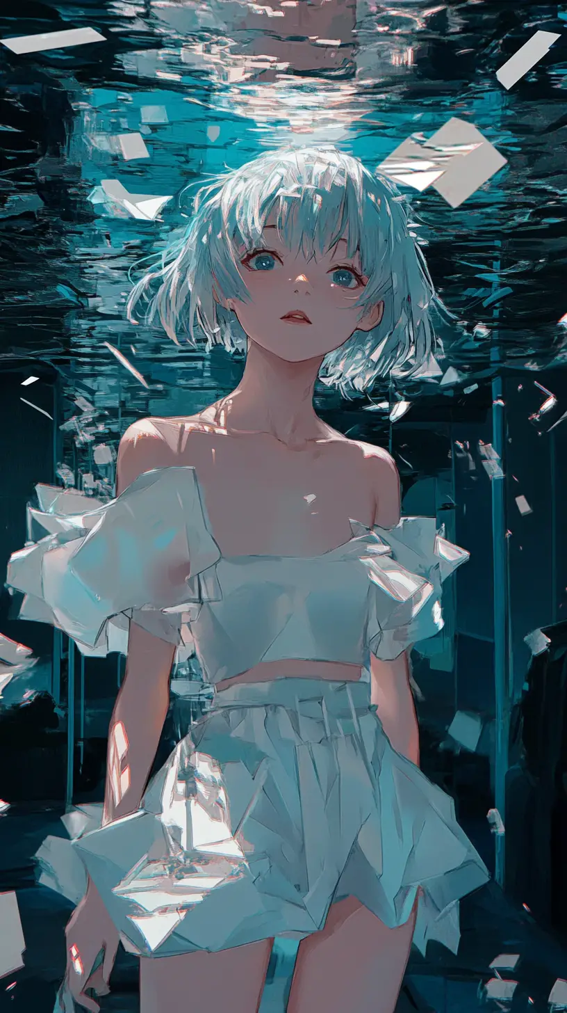 Anime girl in glitching corridor of broken digital mirrors