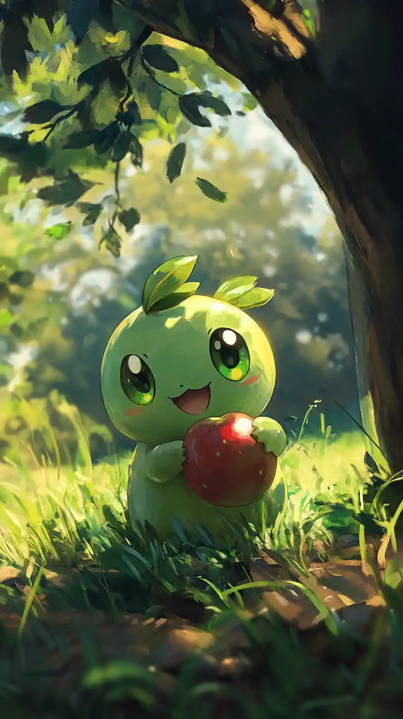 Green eyed fruit character smiling outdoors in nature