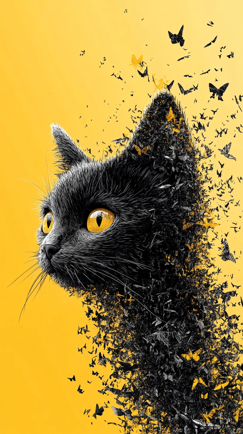 Cabeza de gato 3D minimalista hecha de diminutas figuras felinas