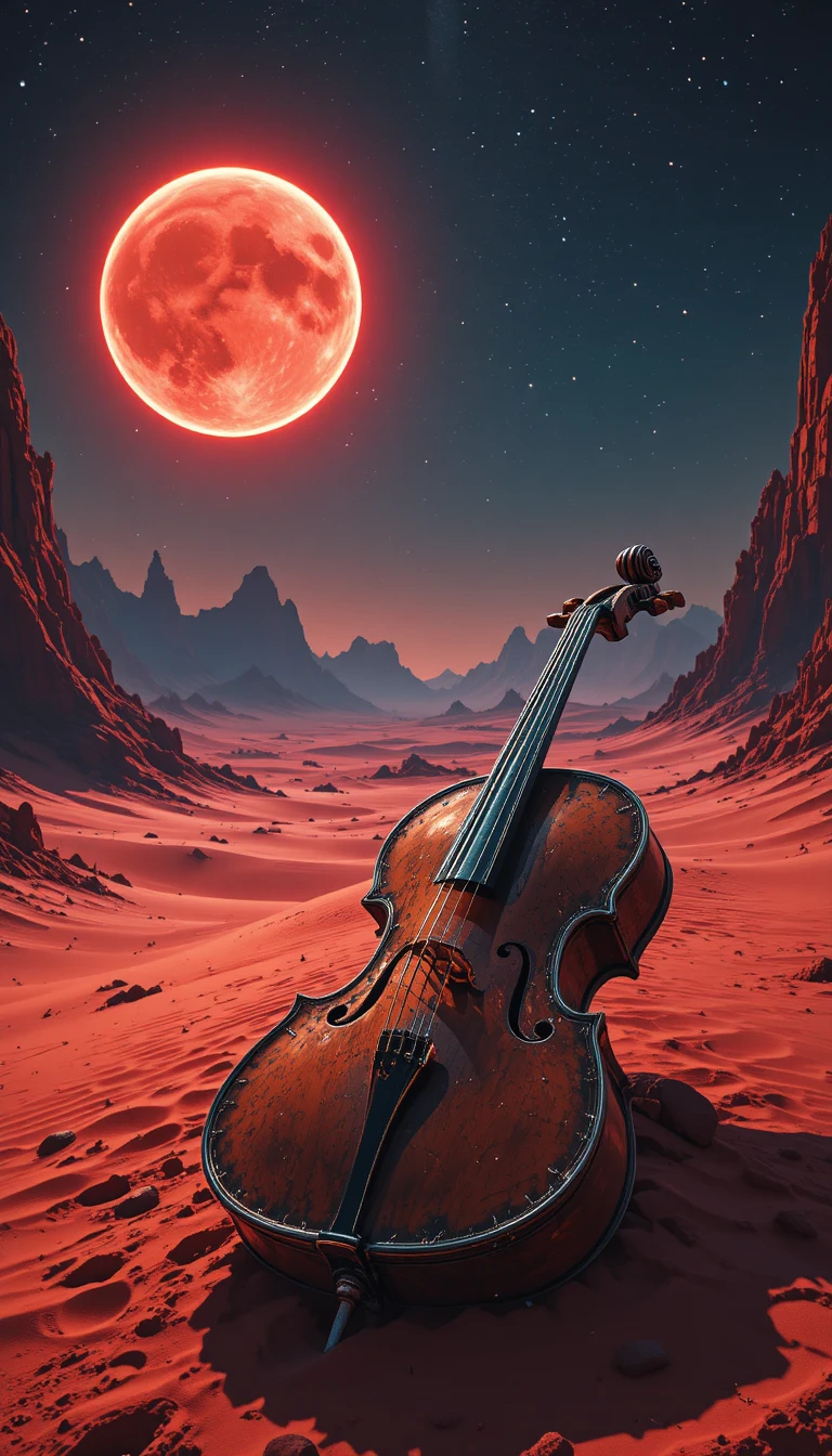 Violonchelo ornamentado en arena carmesí de un mundo desértico alienígena
