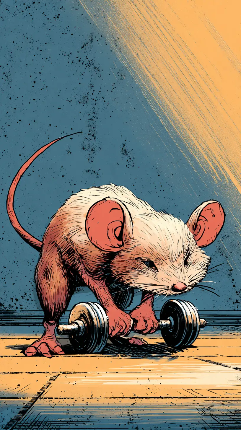 Determined Cartoon Mouse Lifting Weights In Tiny Gym