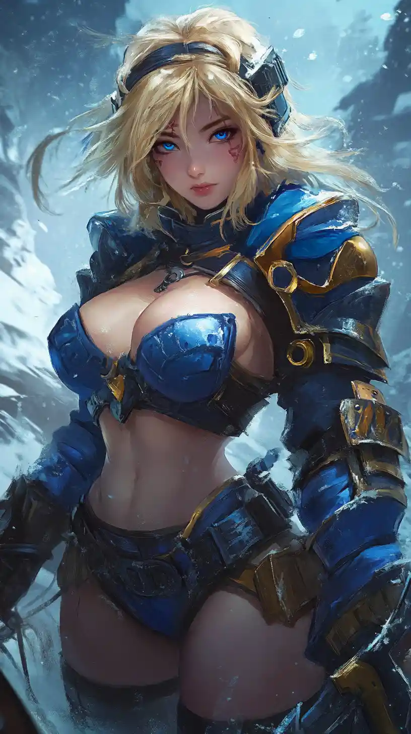 Close up of a tattooed anime warrior woman in armor