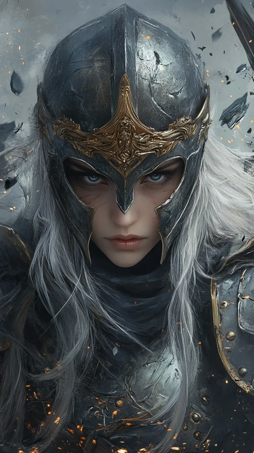 Armored female warrior with silver hair in swirling smoke