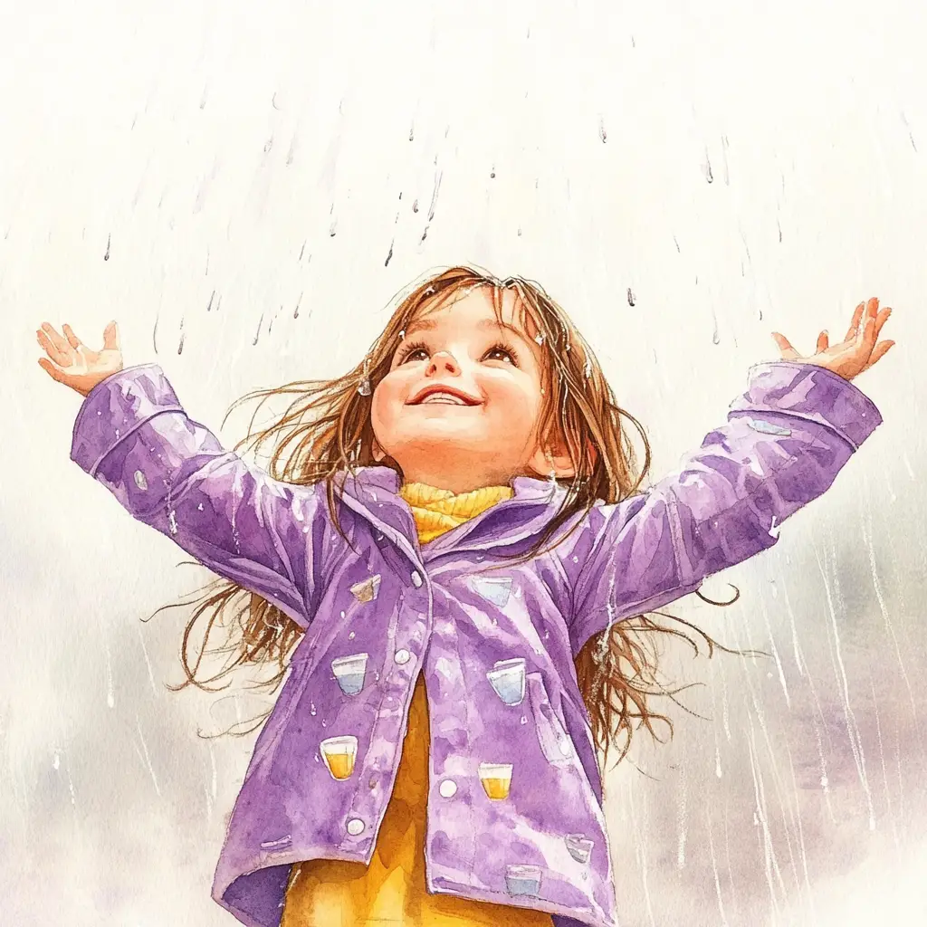 Alegre niña pequeña con impermeable jugando bajo la lluvia
