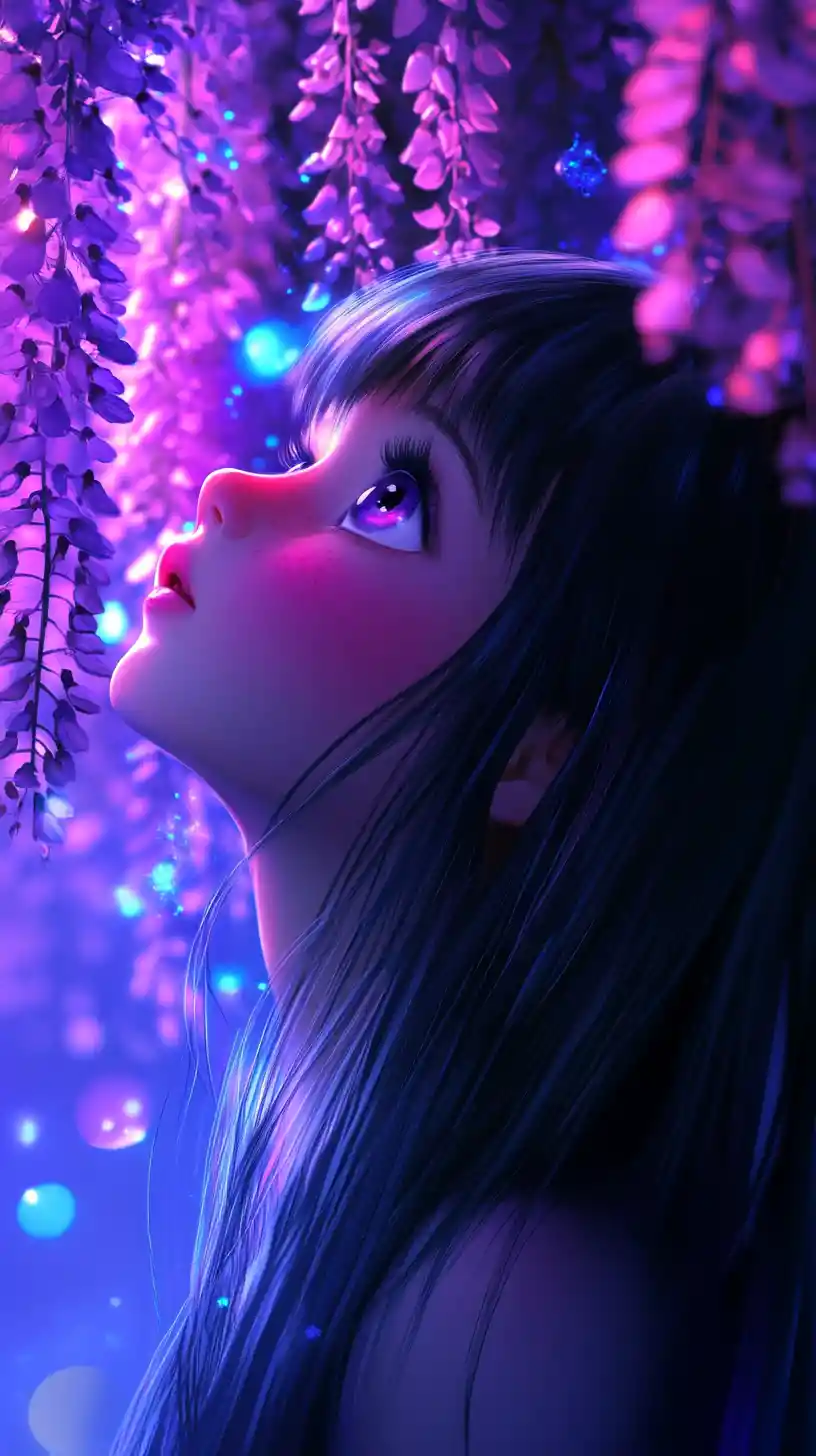 Anime girl in glowing wisteria with dreamy neon lights