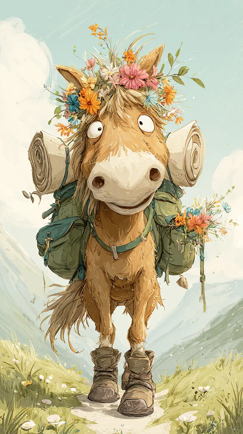 Cheerful Hiking Horse With Flowers In Bavarian Countryside